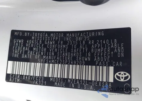 2025 Toyota Corolla Se из США, поврежденный, VIN 5YFS4MCE2SP249209